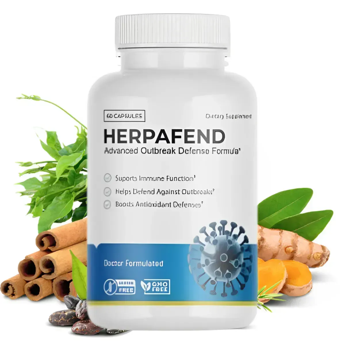 Herpafend bottle surrounded by natural botanical ingredients including turmeric, cinnamon and green herbs